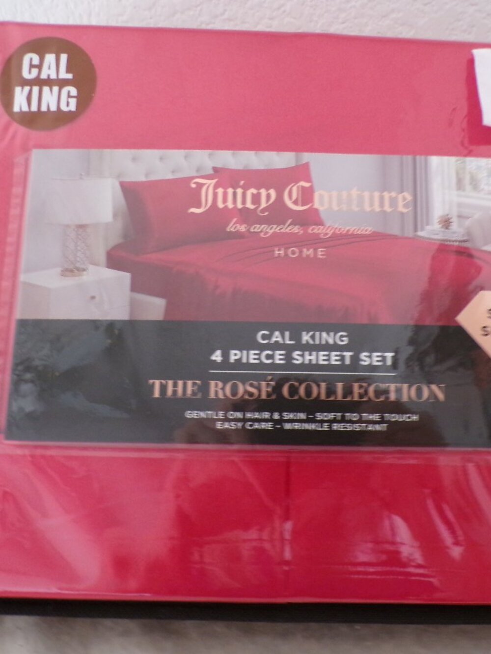 JUICY COUTURE CAL KING RED SATIN SHEET SET Rose Collection NEW